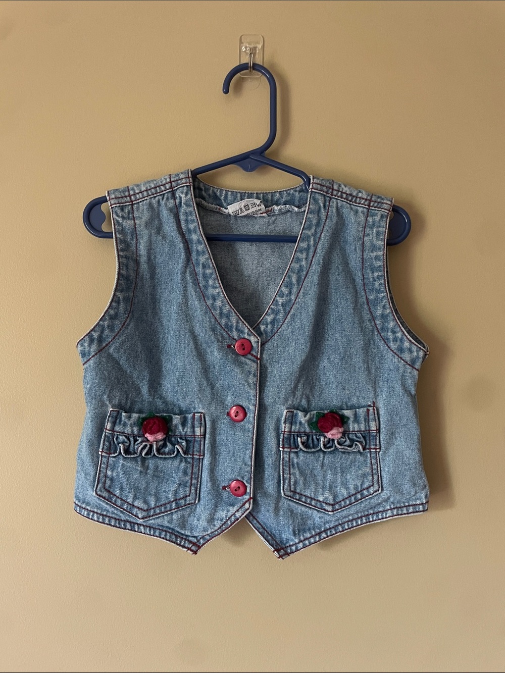 Vintage Light Wash Denim Vest with Pink Topstitching and floral accent